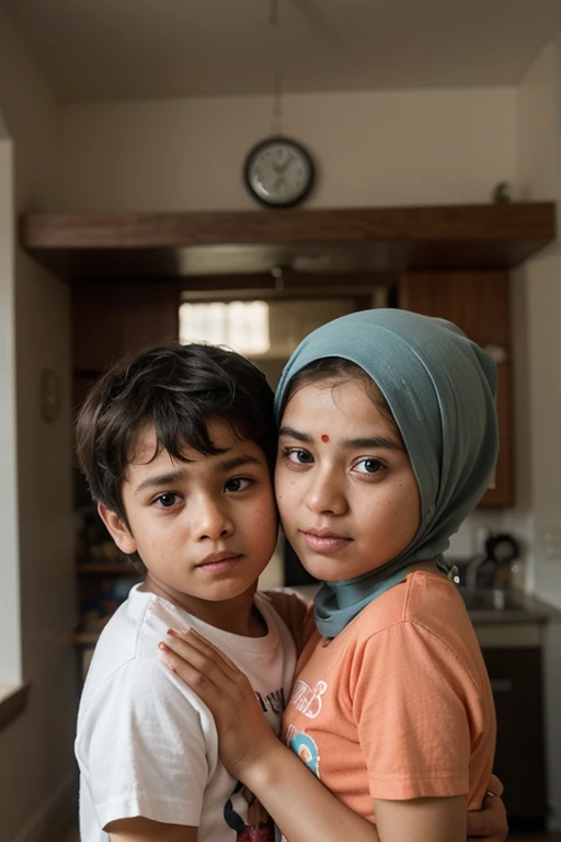 mom wearing hijab with her son in intimate position