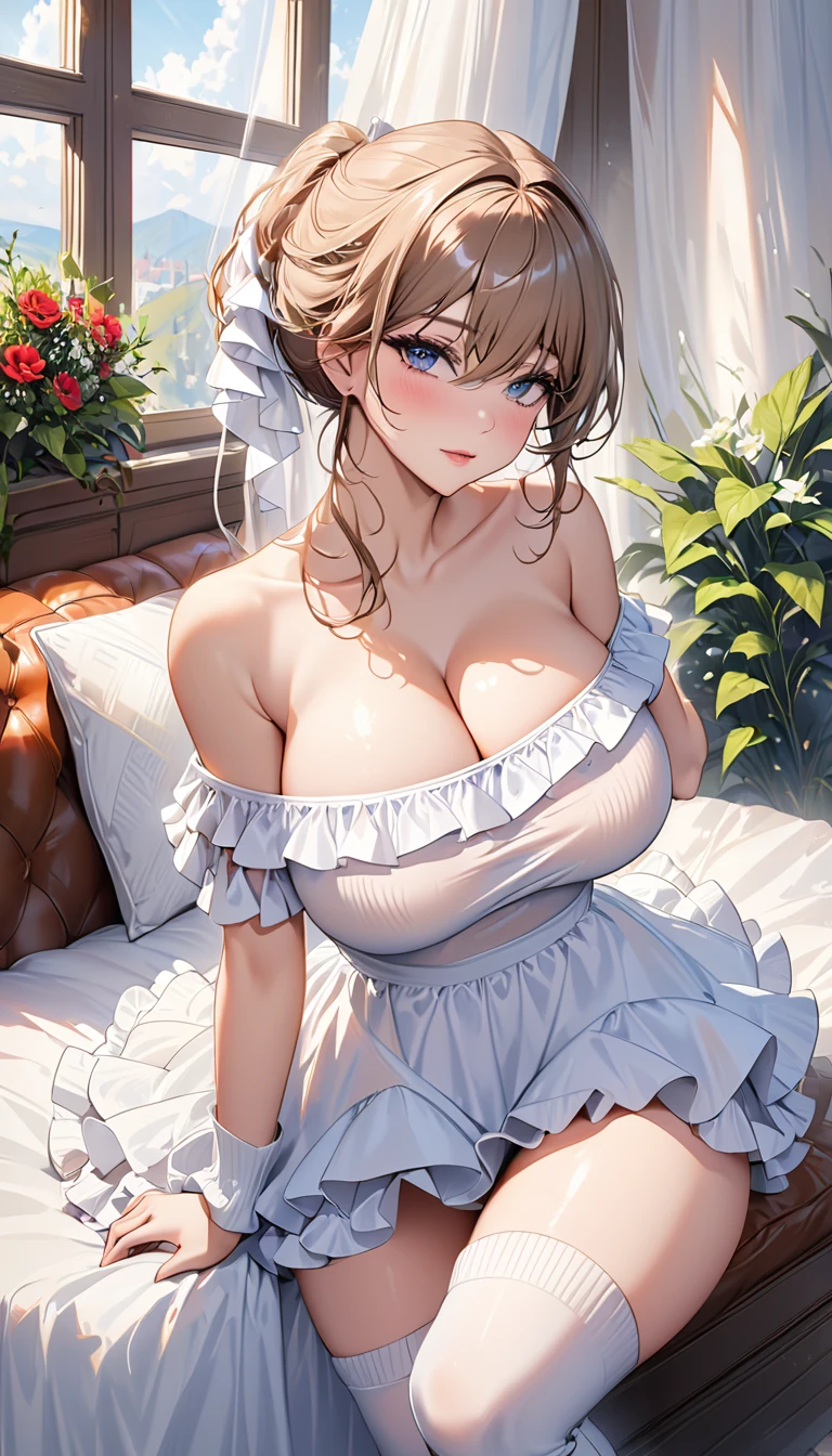 masterpiece:1.4,best-quality,Super Detail,Very Delicate and Beautiful,((( nsfw, off-shoulder knit top, ruffled miniskirt, knee-high boots ))), very gigantic breasts, cleavage, very slender, beautiful woman