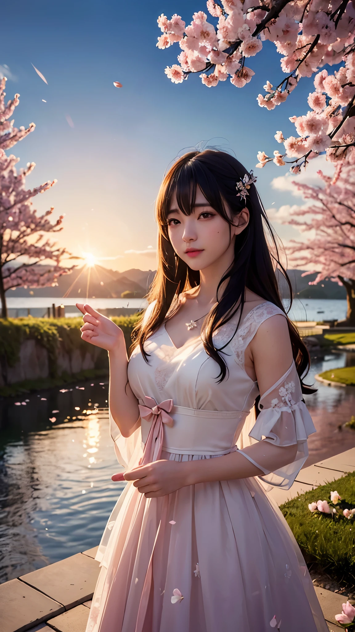(logo、masterpiece、8K、table top、Raw photo、wonderful、最high quality、フォトリアリスティックでvery detailedな CG 統合 8k 壁紙、high quality、very detailed、Narrative poem、particle effects、dynamic effects、written boundary depth、cinematic light、Lens flare、ray tracing)、fantasy、 (1 beautiful woman、dress、dress、cherry blossom pattern、black haired、beautiful face、real face、beautiful details eyes beautiful skin)、髪がWindで踊る、Hair flutters in Wind、hair bounces、Pink cherry blossom tree、petals dance、SakuraFubuki、wonderful景色、sunrise、Sun in the background、Wind、