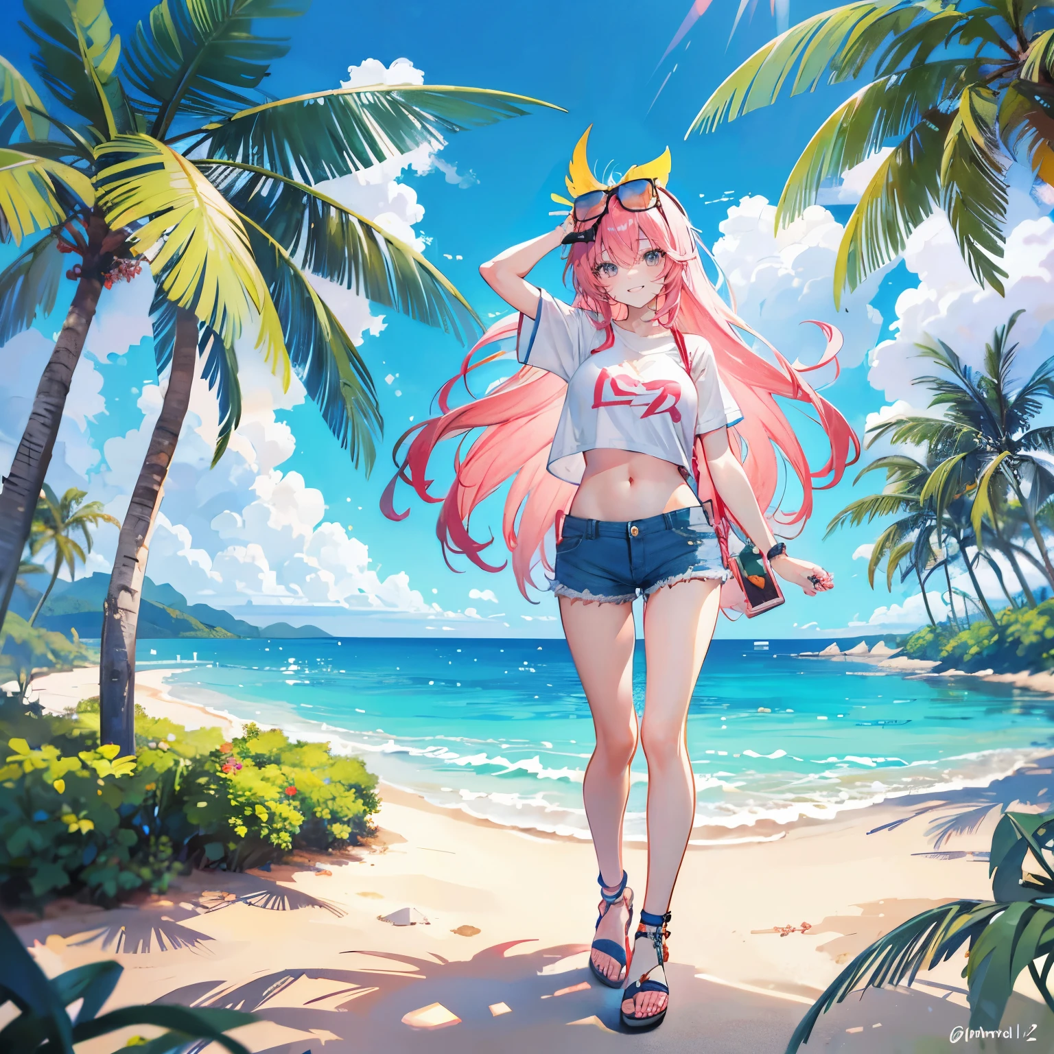 Coral pink hair,long hair,hair over one eye,gray eyes,feather hair ornament,cute,girl,laughing out loud,happy smiling expression,Glasses hanging on head,short sleeves,Denim shorts,navel-baring outfit,Wear sandals on your feet,whole body,stand on the ground,Does not expose fingers,The background is,Green Beach,Tropical sandy beach,Huge palm trees