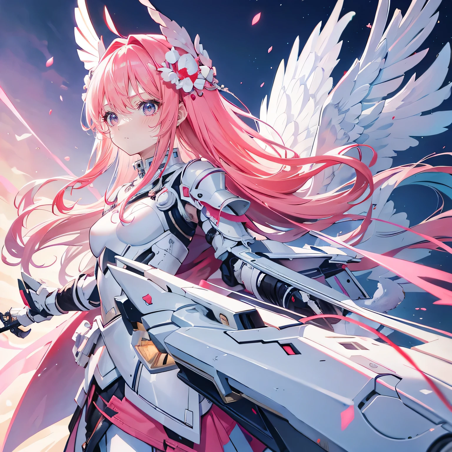 Coral Pink Hair,Not very long hair,Princess cut,There is a small braid,hair between eyes,,gray eyes,feather hair ornament,girl,cute,,white coat,Tech Armor,heavy armor,Sci-fi elements,weapons in hand,whole body照,whole body,Fingers and arms are not exposed,Background City,Blue sky and white clouds,serious expression