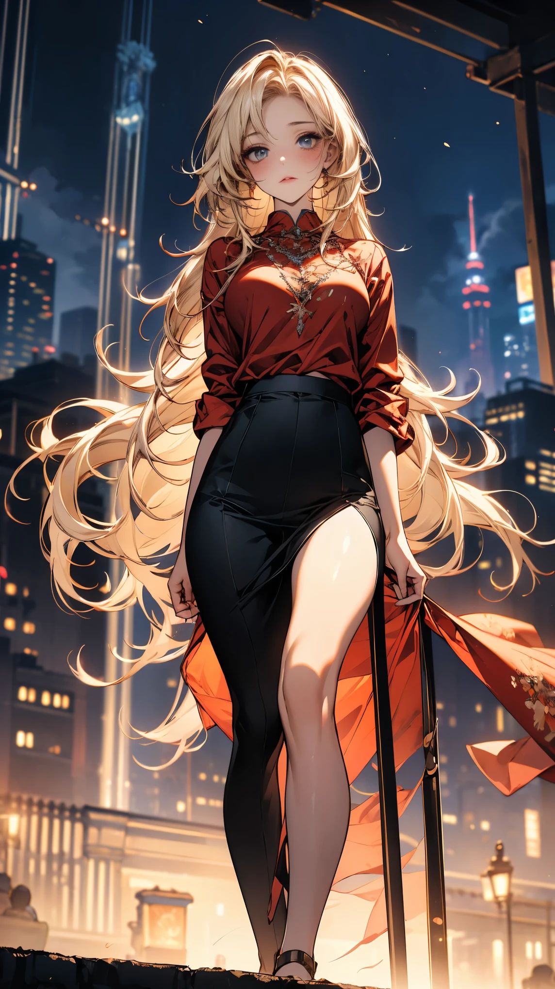 (ultra high resolution, 8K original image, lifelike, thin outline), (movie lighting, Textile shading),  (巨Big deal乳房, Breast sagging, Big deal , split), 1 female knight, ((,milf:1.2)), 20 years old, (long side slit skirt), blush, in hot state, ashamed, looking at the audience, blonde hair, night, Clothes that highlight body lines, (Dynamic angle, from the center below), , 