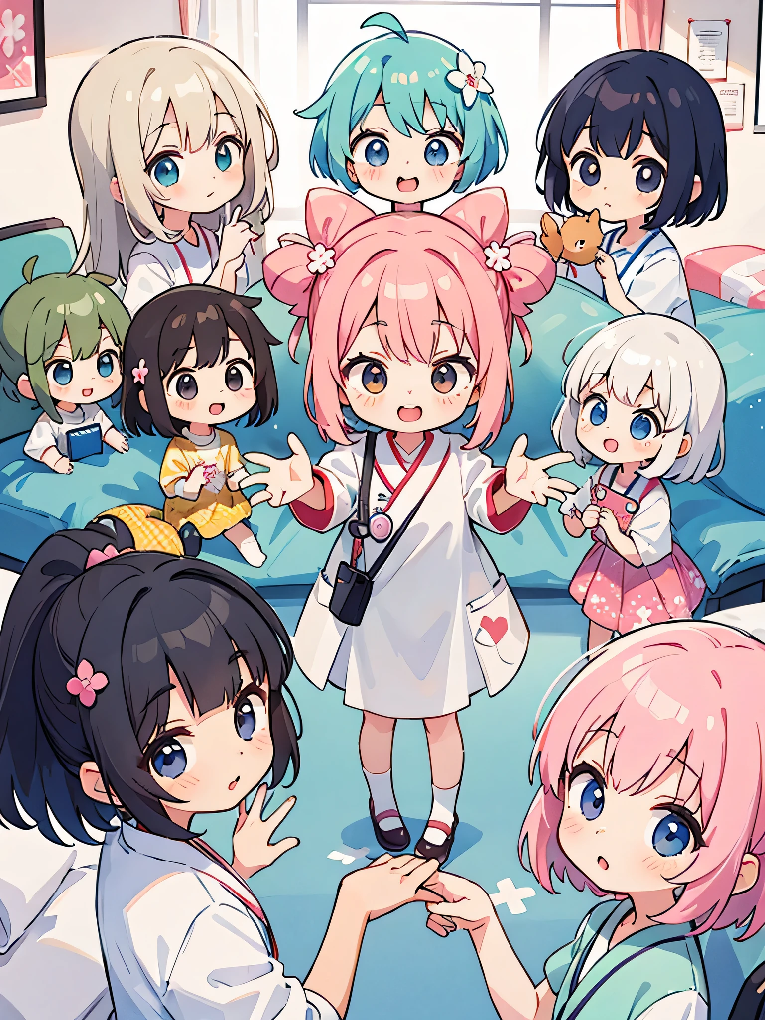Momoko Sakura style, Kawaii Design, (((10 people)))、most beautiful girl ever、Chibi, Colorful bob hair、((Lots of friends))、hospital room