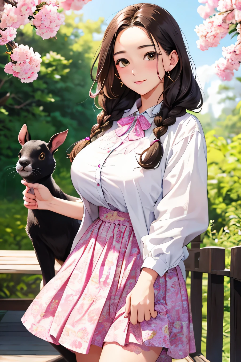 (highest quality:1.4)、(High resolution)、detailed background、(detailed beautiful face:1.4)、anatomically correct、(Depict the normal number of fingers)、(detailed facial expressions)、beautiful and smooth skin、beautiful teenage girl、(huge breasts:1.3)、cute hair color、brown hair、braided long、braided hairstyles、realistic、perfect body line、Looks like a fun atmosphere、cute、cowboy shot、Zoo Date、
(A beautiful girl who interacts directly with animals:1.5)、She looks at me with a slightly embarrassed expression.、
They enjoy feeding and petting rabbits, goats, wallabies, and other animals.、
Brightly colored and patterned dresses、Flared skirt dresses and shirt dresses、
Floral skirt with white or pink shirt or blouse、
Bring a light jacket or cardigan to deal with sudden changes in temperature.、Heels or flat shoes、cute