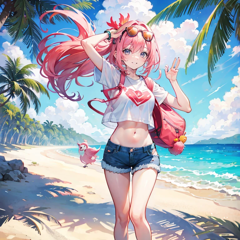 Coral pink hair,long hair,hair over one eye,gray eyes,feather hair ornament,cute,girl,laughing out loud,happy smiling expression,Glasses hanging on head,short sleeves,Denim shorts,navel-baring outfit,Wear sandals on your feet,whole body,stand on the ground,Does not expose fingers,The background is,Green Beach,Tropical sandy beach,Huge palm trees