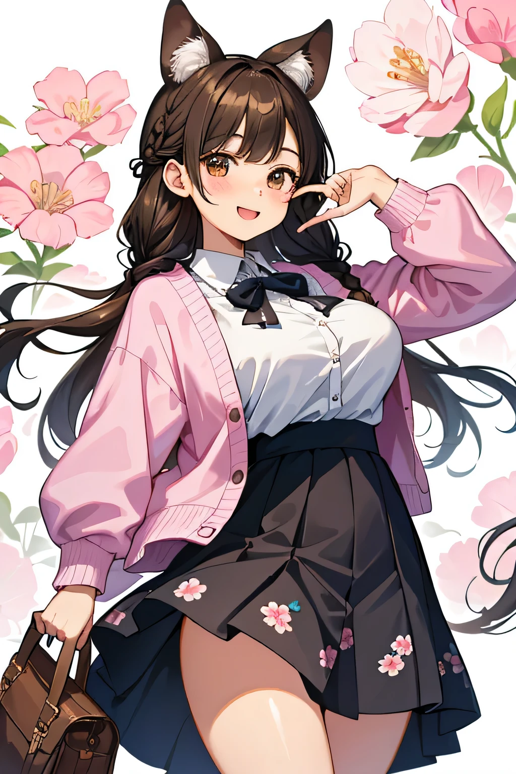 (highest quality:1.4)、(High resolution)、detailed background、(detailed beautiful face:1.4)、anatomically correct、(Depict the normal number of fingers)、(detailed facial expressions)、beautiful and smooth skin、beautiful girl、(huge breasts:1.3)、cute hair color、brown hair、braided long、braided hairstyles、realistic、perfect body line、Looks like a fun atmosphere、cute、cowboy shot、Inside the zoo、
(Three women taking photos with cute animal characters in the kids' area:1.5)、Looking at me with a very happy expression、A big smile、Have fun、
Brightly colored and patterned dresses、Flared skirt dresses and shirt dresses、
Floral skirt with white or pink shirt or blouse、
Bring a light jacket or cardigan to deal with sudden changes in temperature.、Heels or flat shoes、cute