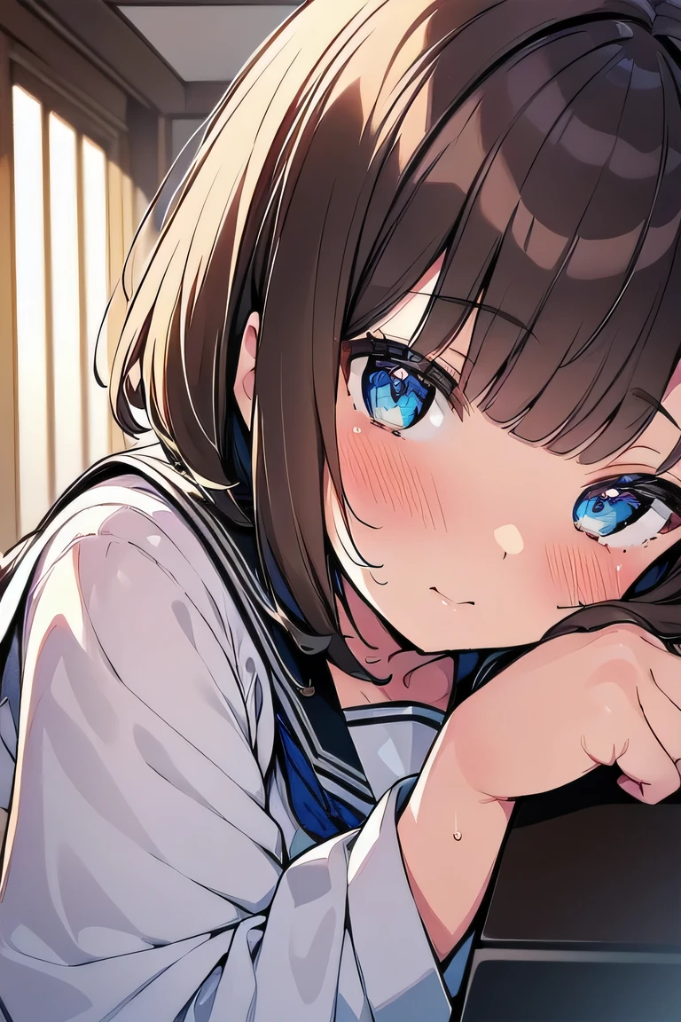 (best quality), (Super detailed), (Best Illustration), (1girl), look at viewer, (white serafuku:1.3), lying, curvy body, blush, {brown hair, (bob cut:1.2), curly hair, hairs between eyes}, {(detailed eyes), twinkle(in the eyes), blue eyes}, sweat, 