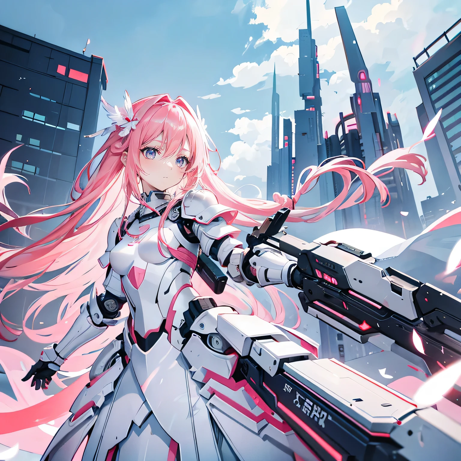 Coral Pink Hair,Not very long hair,Princess cut,There is a small braid,hair between eyes,,gray eyes,feather hair ornament,girl,cute,,white coat,Tech Armor,heavy armor,Sci-fi elements,weapons in hand,whole body照,whole body,Fingers and arms are not exposed,Background City,Blue sky and white clouds,serious expression