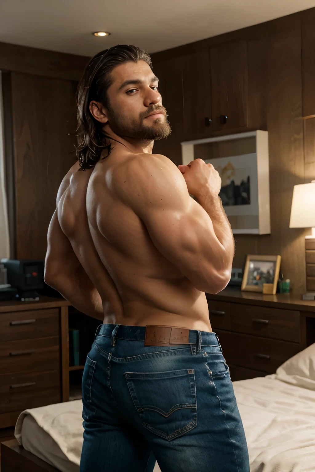 an illustration of hulk, a Greek god with a muscular build and a short, neat beard............., nalgon, designed in modern western attire............. El escenario es una ciudad cosmopolita............, evoking a classic cold atmosphere, sin dejar de mantener el aura poderosa y regia del dios. white jeans lying in bed backside jeans down