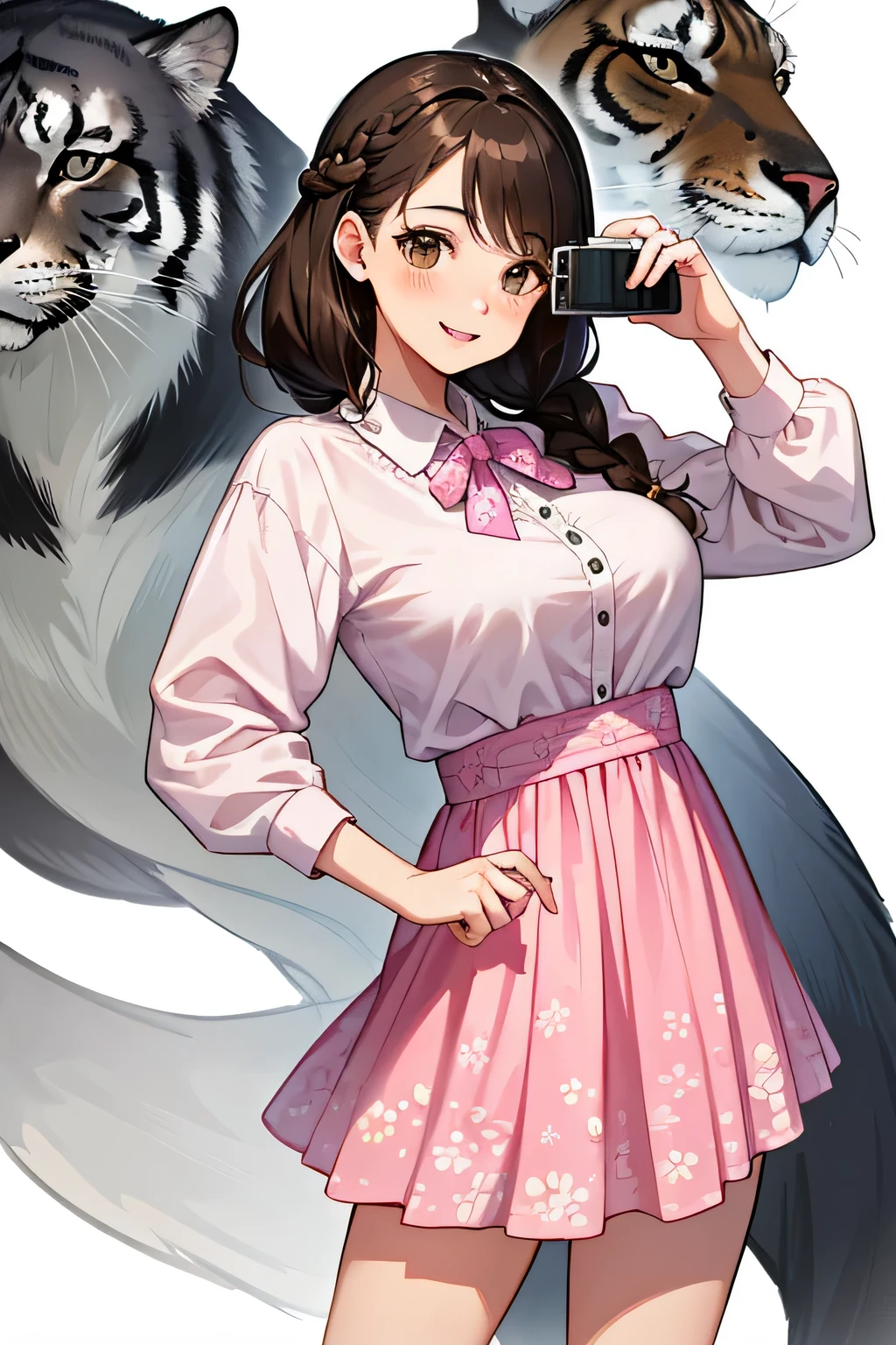 (highest quality:1.4)、(High resolution)、detailed background、(detailed beautiful face:1.4)、anatomically correct、(Depict the normal number of fingers)、(detailed facial expressions)、beautiful and smooth skin、beautiful girl、(huge breasts:1.3)、cute hair color、brown hair、braided long、braided hairstyles、realistic、perfect body line、Looks like a fun atmosphere、cute、cowboy shot、Zoo Date、
(Woman taking a photo with animals:1.5)、Looking at me with a very happy expression、A big smile、Have fun、
Brightly colored and patterned dresses、Flared skirt dresses and shirt dresses、
Floral skirt with white or pink shirt or blouse、
Bring a light jacket or cardigan to deal with sudden changes in temperature.、Heels or flat shoes、cute