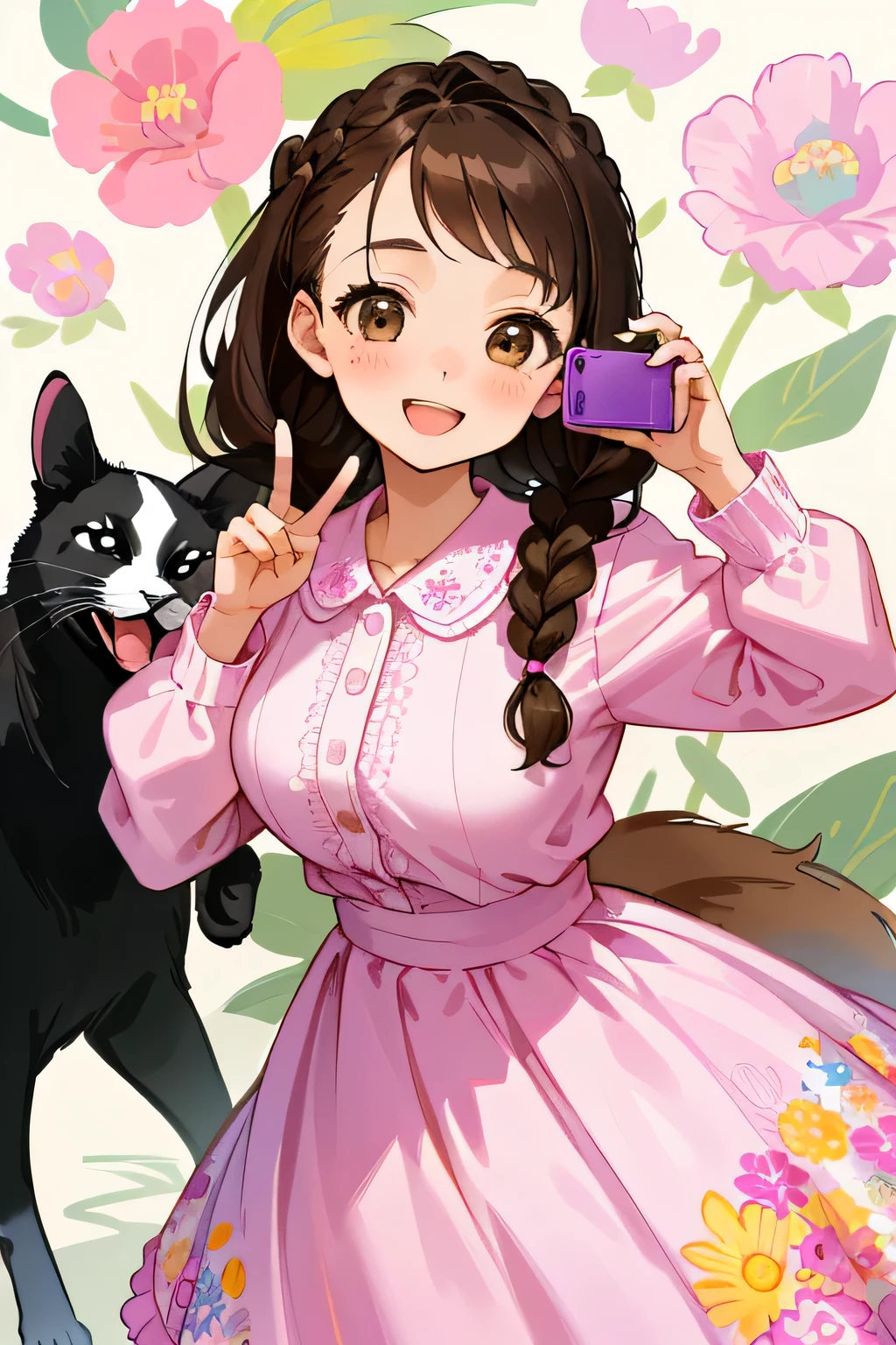 (highest quality:1.4)、(High resolution)、detailed background、(detailed beautiful face:1.4)、anatomically correct、(Depict the normal number of fingers)、(detailed facial expressions)、beautiful and smooth skin、beautiful teenage girl、(huge breasts:1.3)、cute hair color、brown hair、braided long、braided hairstyles、realistic、perfect body line、Looks like a fun atmosphere、cute、cowboy shot、Zoo Date、
(Woman taking a photo with animals:1.5)、Looking at me with a very happy expression、A big smile、Have fun、
Brightly colored and patterned dresses、Flared skirt dresses and shirt dresses、
Floral skirt with white or pink shirt or blouse、
Bring a light jacket or cardigan to deal with sudden changes in temperature.、Heels or flat shoes、cute