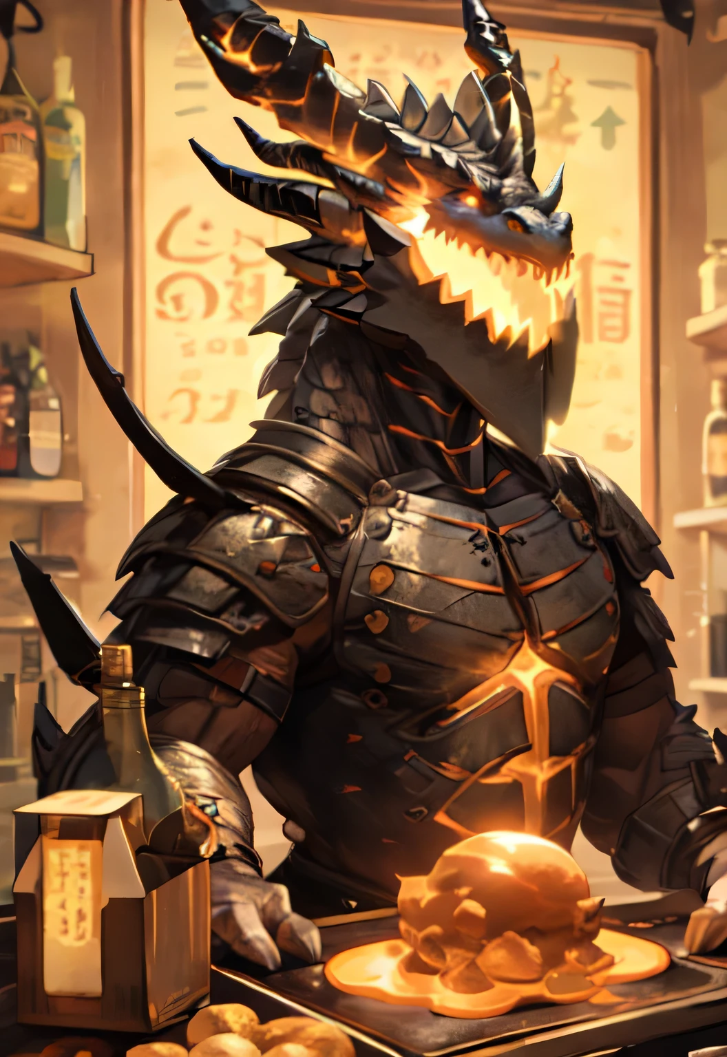 On the counter of a shop full of glowing potions，A dragon in a medieval tight-fitting costume，There is a huge bulge，Greet you with a warm smile