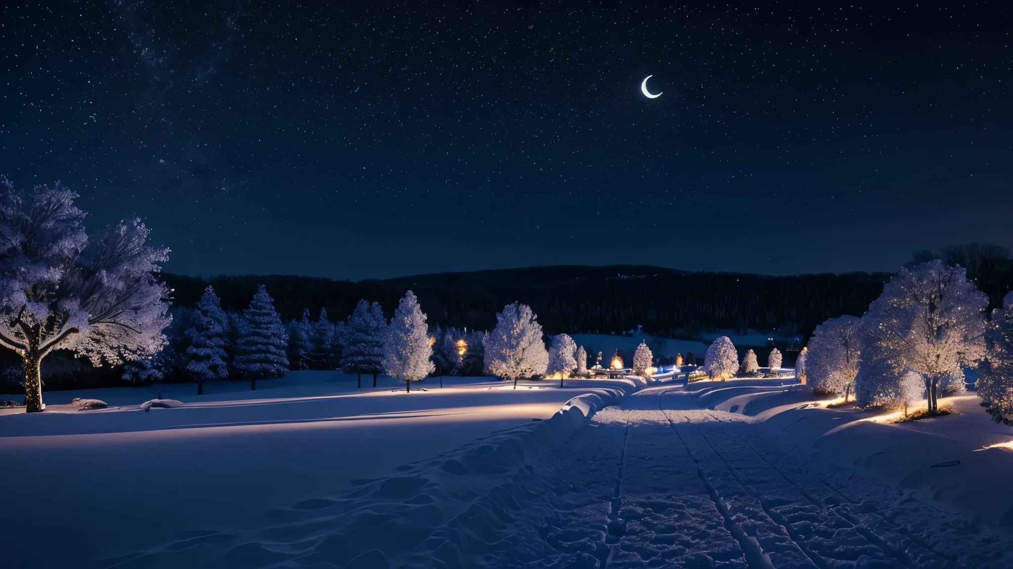 night, moon, Snowy Path, flower garden, It's snowing, 吹snow,lanthanum, snowの花,flower garden,warm light,Gentle Light, Surrealism, Hyperrealism, cinematic lighting, sparkle, multiple views, UHD, masterpiece, higher, winter scenery, snow, firefly, brilliance