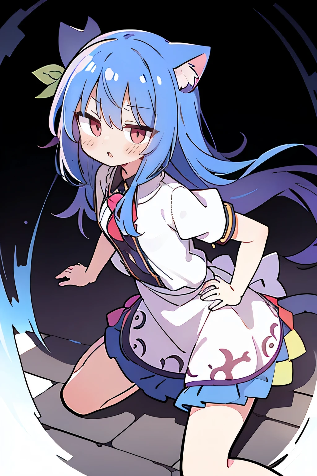 (masterpiece),best quality, expressive eyes, perfect face, 1girl,
 Put your hands on your waist,fair, Gorgeous,Japanese cartoons,girl,lola,Hina Angel, blue hair, blue haired, floating clothes,Grab your waist, Grab your waist, hands on hips , hands on hips,sit, sit on ground, Legs on the ground, flat chest,cat ears,red eye,