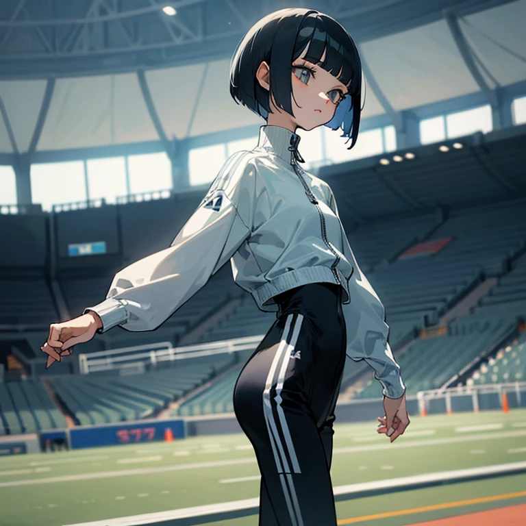 masterpiece、delicate details、tracksuit、Adidas Clothing（zip up）、thin waist、athlete、standing position、Slender beauty、cute、Bangs Patsun、Cropped bob cut、leggings、long eyelashes、Big eyes、athletics stadium、