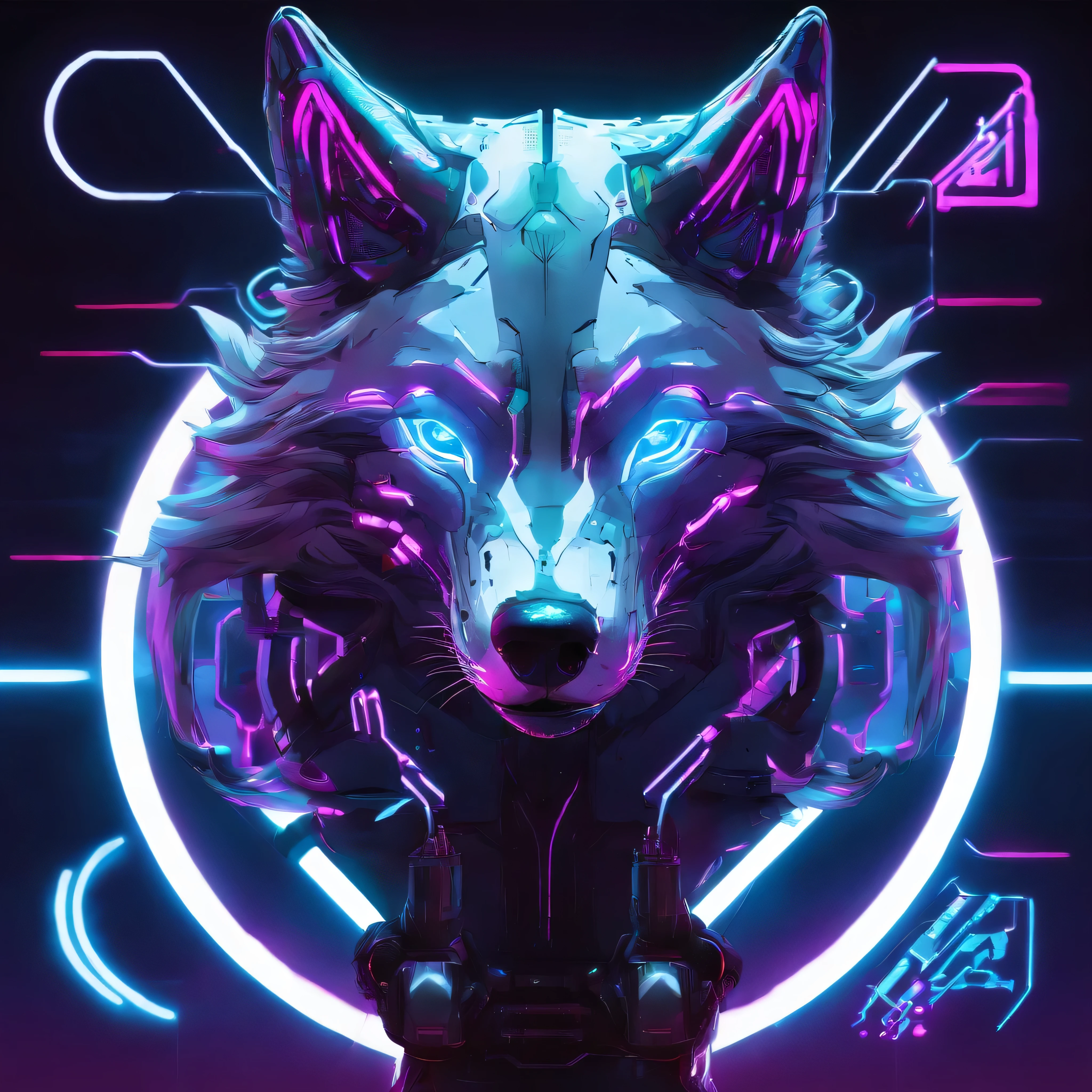 A wolf with glowing eyes and a neon circle - SeaArt AI