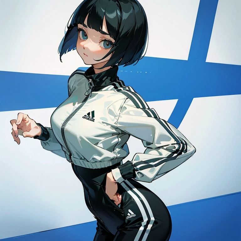 masterpiece、delicate details、Tracksuit Jacket（Open zip）、Inner、Adidas Clothing、big breasts、thin waist、athlete、standing position、Slender beauty、cute、Bangs Patsun、Cropped bob cut、leggings、long eyelashes、Big eyes、athletics stadium、