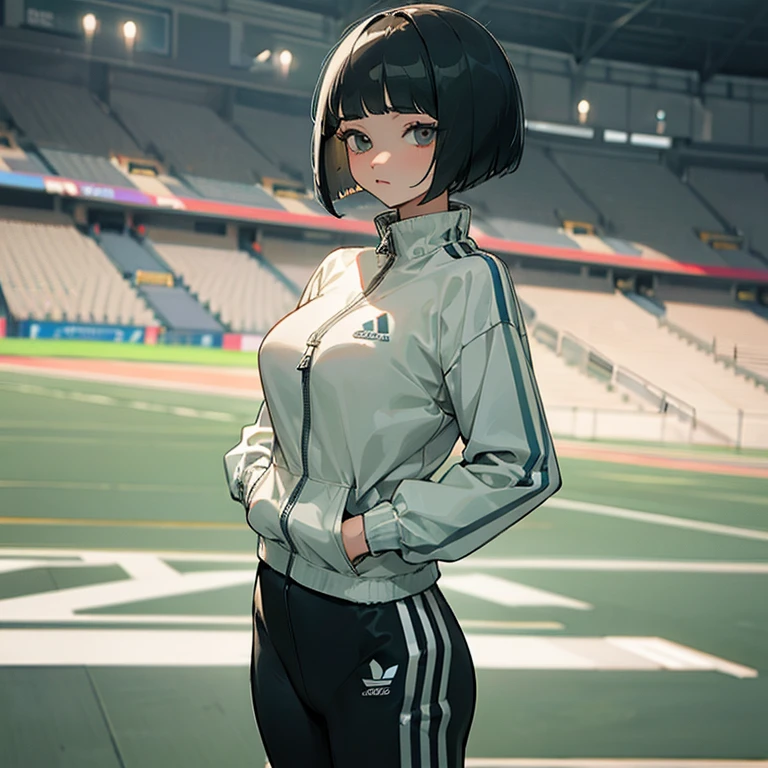 masterpiece、delicate details、Tracksuit Jacket（Open zip）、Inner、Adidas Clothing、big breasts、thin waist、athlete、standing position、Slender beauty、cute、Bangs Patsun、Cropped bob cut、leggings、long eyelashes、Big eyes、athletics stadium、