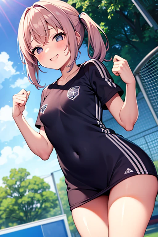 Wearing a soccer uniform with an embroidered logo、middle School girls、Sweaty and looking happy、Her nipples are visible and protruding、small breastasturbating