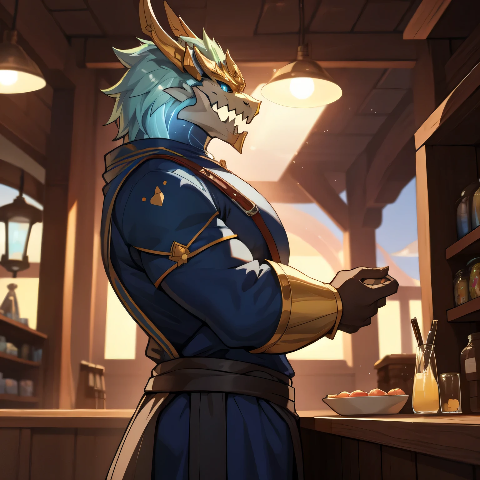 On the counter of a store filled with glowing potions，A giant dragon dressed in tight medieval clothing，There is a huge bulge，Greet you with a welcoming smile，side view