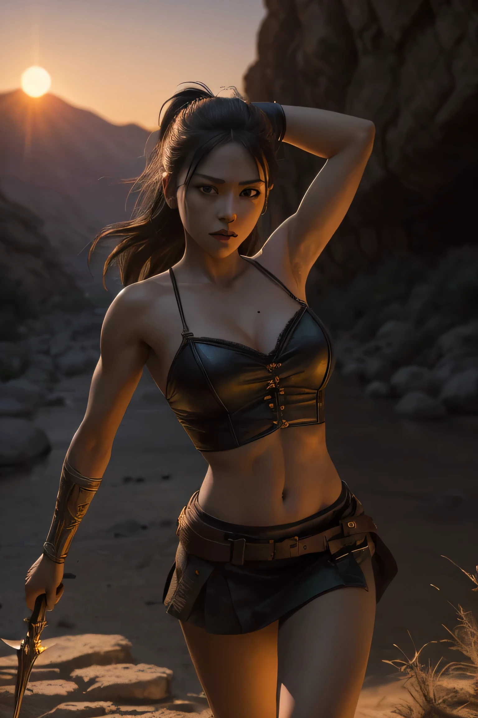 (masterpiece), (very complicated:1.3), (realistic), girl portrait, (dark fantasy, gore), (dynamic perspective), the most beautiful in the world, (waitress), medium-long shot, outdoor, dynamic angle, running fighting stance, dry river bed, Kure, Haifa, Stunning female professional photo details, sharp focus, dramatic, Award history, cinematic lighting, Octane Rendering Unreal Engine, volumetrics dtx, (film grain, blurred background, blurred foreground, Bokeh, Depth of the bounds written, sunset), holding sickle