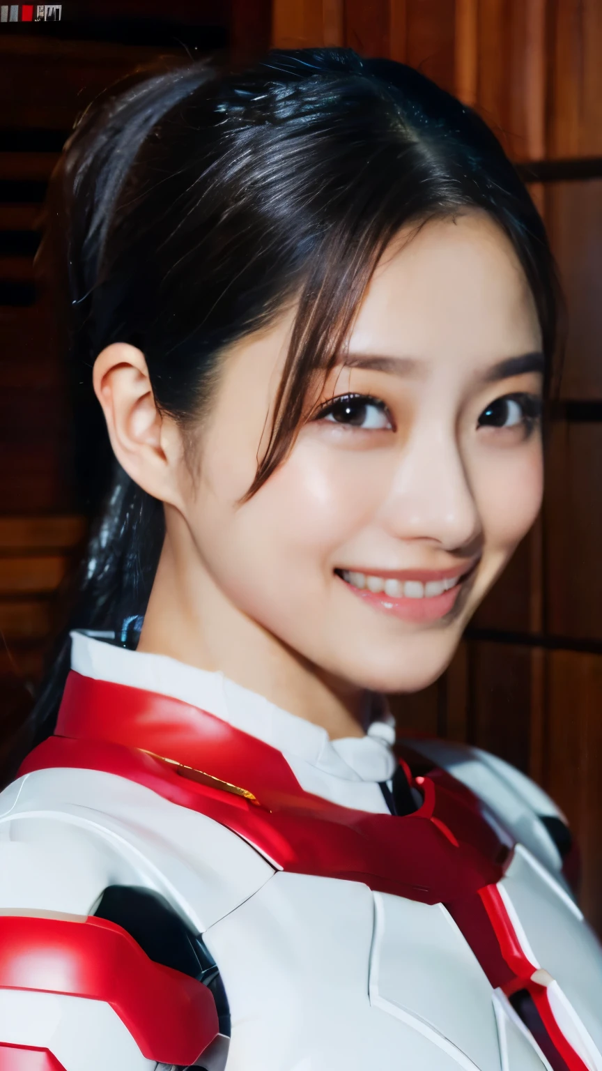 (super highest quality、In 8K、Masseter muscle part、delicate illustrations、Full body Esbian),(He wears a shiny, deep pink and white skin-tight Iron Man suit.:1.5)、A beautiful and bewitching Japanese 25-year-old woman、plump body、ponytail black hair、huge breasts 、smile、sauna、sweaty