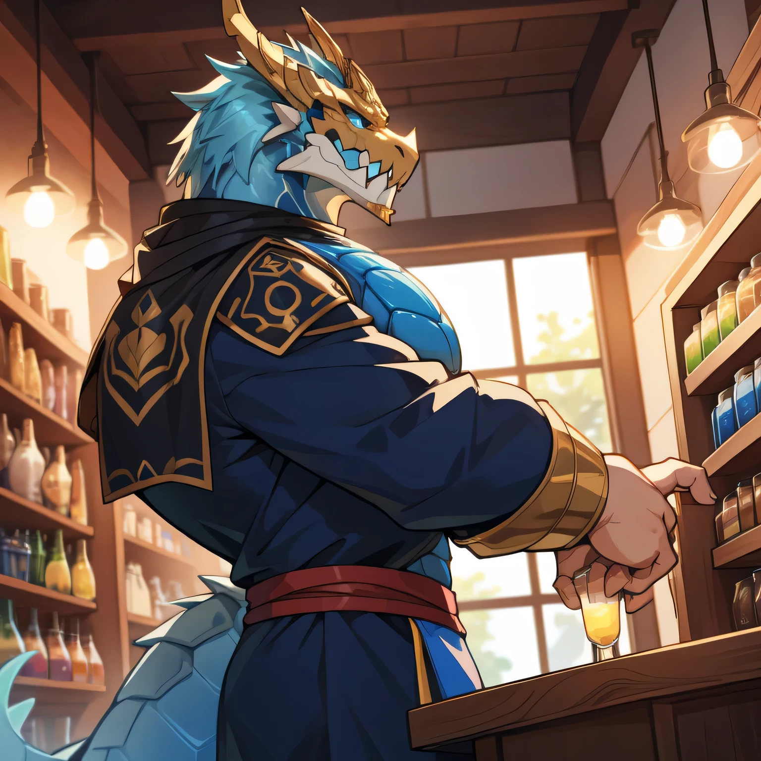 On the counter of a store filled with glowing potions，A giant dragon dressed in tight medieval clothing，There is a huge bulge，Greet you with a welcoming smile，side view