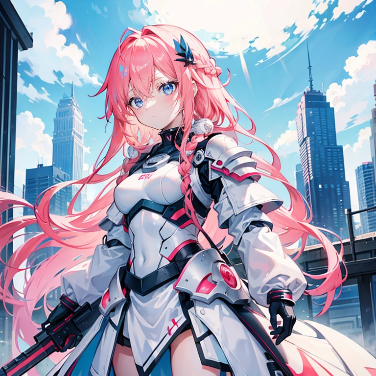 Coral Pink Hair，Not very long hair，Princess cut，There is a small braid，hair between eyes，Wear goggles，gray eyes，feather hair ornament，girl，cute，，white coat，Tech Armor，heavy armor，Sci-fi elements，weapons in hand，whole body照，whole body，Fingers and arms are not exposed，Background City，Blue sky and white clouds，serious expression