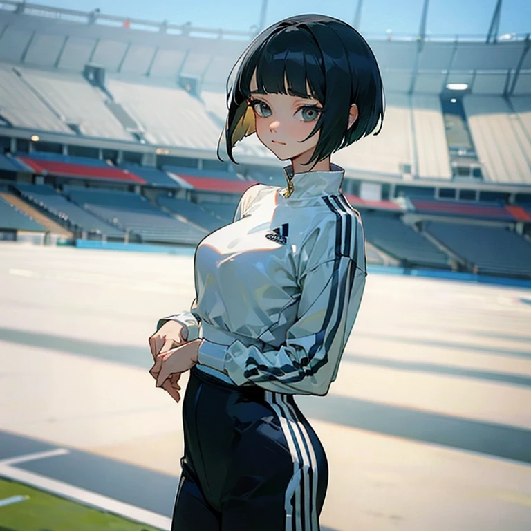 masterpiece、delicate details、tracksuit、Adidas Clothing、big breasts、thin waist、athlete、standing position、Slender beauty、Your face is so cute、Bangs Patsun、Cropped bob cut、spats、long eyelashes、Big eyes、athletics stadium、