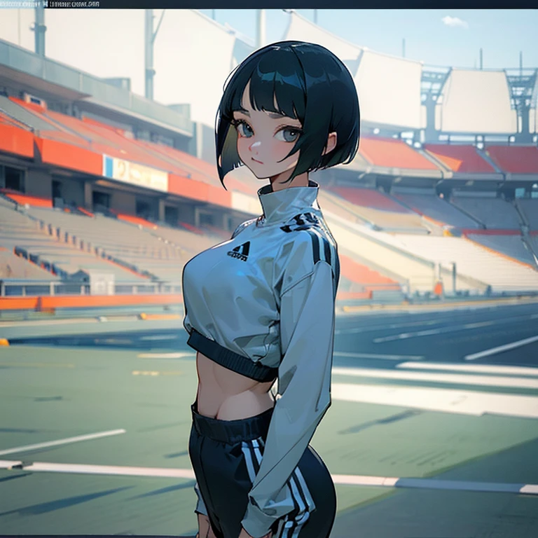 masterpiece、delicate details、tracksuit、Adidas Clothing、big breasts、thin waist、athlete、standing position、Slender beauty、Your face is so cute、Bangs Patsun、Cropped bob cut、spats、long eyelashes、Big eyes、athletics stadium、