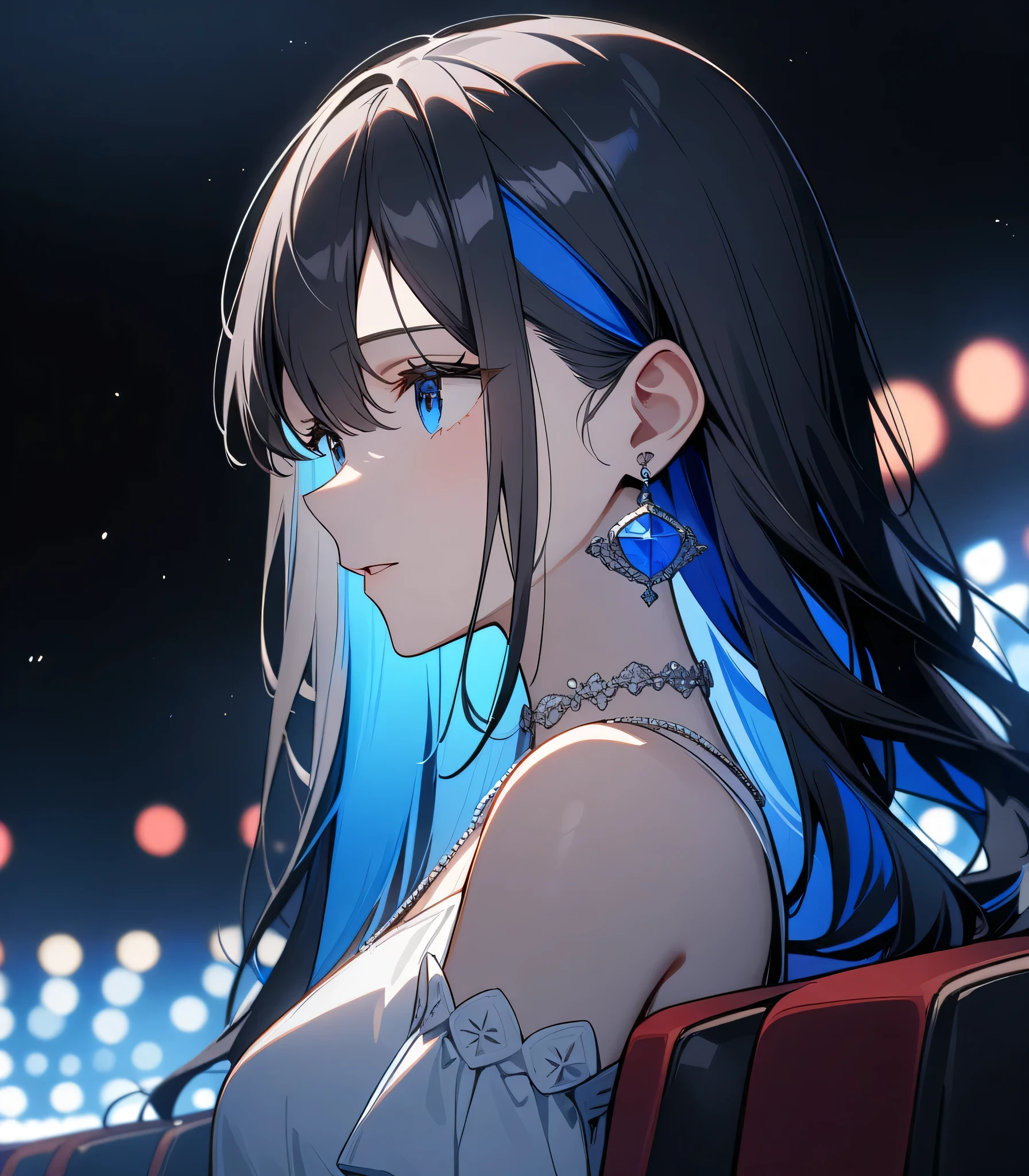 8k wallpaper, masterpiece, movie theater lighting, highest quality, figure, elevation angle, ((color: 1.1)), ((color inner hair: 1.4)), 1 girl, One, long hair, water, blue eyes, black glasses, necklace, parted lips, white necklace, thin hair, black hair, bang, from ~ side, ~ side, Upper body, simple background, Gray color background, bare shoulders, portrait, I look at the audience, white dress, hair between eyes, White color background, earrings.