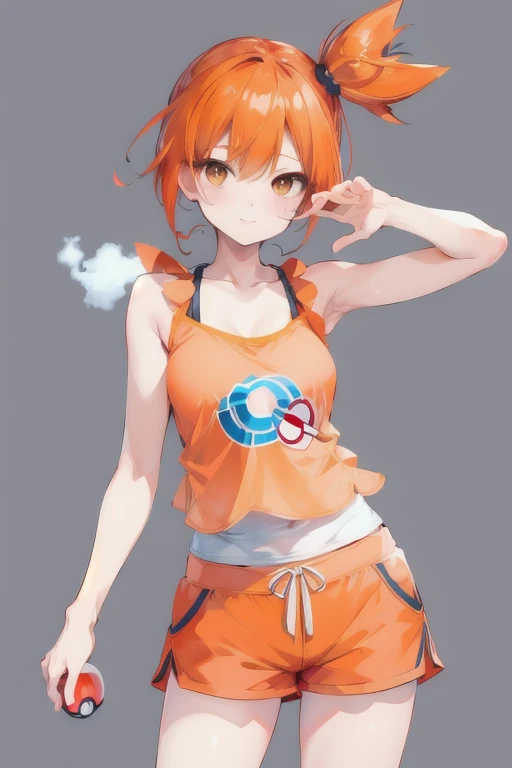 masterpiece, best quality, highres, 1girl, misty (pokemon), orange hair, solo , side ponytail, orange hair , camisole, shorts,