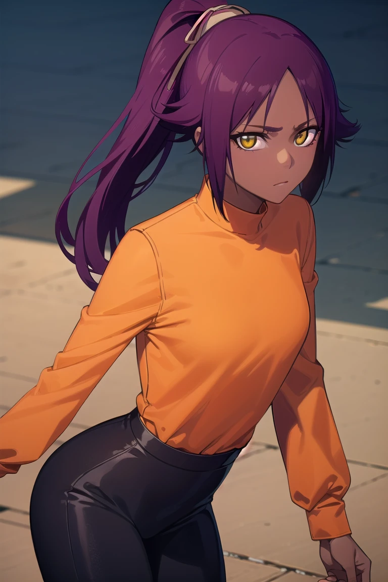 yoruichishihouin, Yoruichi Shihouin, long hair, (yellow eyes:1.5), ponytail, purple hair, black skin, 浅black skinの女性,
break bodysuit, black bodysuit, bodysuit under clothes, shirt, (orange shirt:1.5), long sleeve,
break outdoors,
break looking at viewer, (cowboy shot:1.5),
break (masterpiece:1.2), highest quality, High resolution, unity 8k wallpaper, (shape:0.8), (fine and beautiful eyes:1.6), highly detailed face, perfect lighting, Very detailed CG, (perfect hands, perfect anatomy),