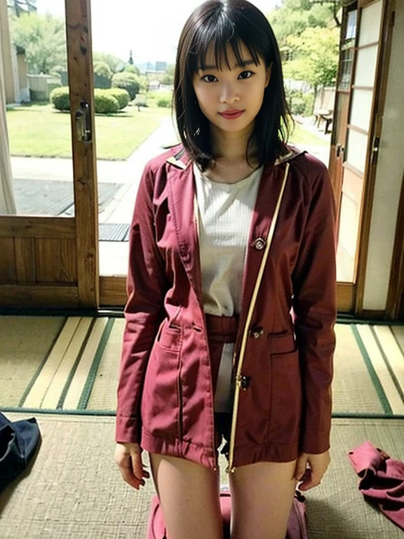 ((最high quality、8K、masterpiece、Portrait:1.3)), (ambient light:1.5), (bounce writing:1.8) ,H Photorealistic, sharp focus, high quality, HDTV, solo, Japanese, woman, Beauty like an actress, live alone、Midsummer、High temperature、high humidity、(Lower school year:1.5)、(Poor life:1.2)、I can see the cleavage, 15 years old, lean and toned body:1.5, small breasts:1.5, (sloppy body:1.2)、wavy hair, wrinkles around the eyes, I don't have money to buy clothes、Being naked、naked people、((show your pussy:1.5)), (cluttered background, messy room: 1.5)、woman用衣類が乱雑に散らかっている、(Old house in Japan:1.2), evening light、Lying on your back with your legs spread while look in front of you eyes, show your pussy:1.5、cleavage、spread your legs:1.5、vaginal opening、clitoris、anus、Lower school year、poor、Vile、long shot , (outdoor), bright background, sunset light