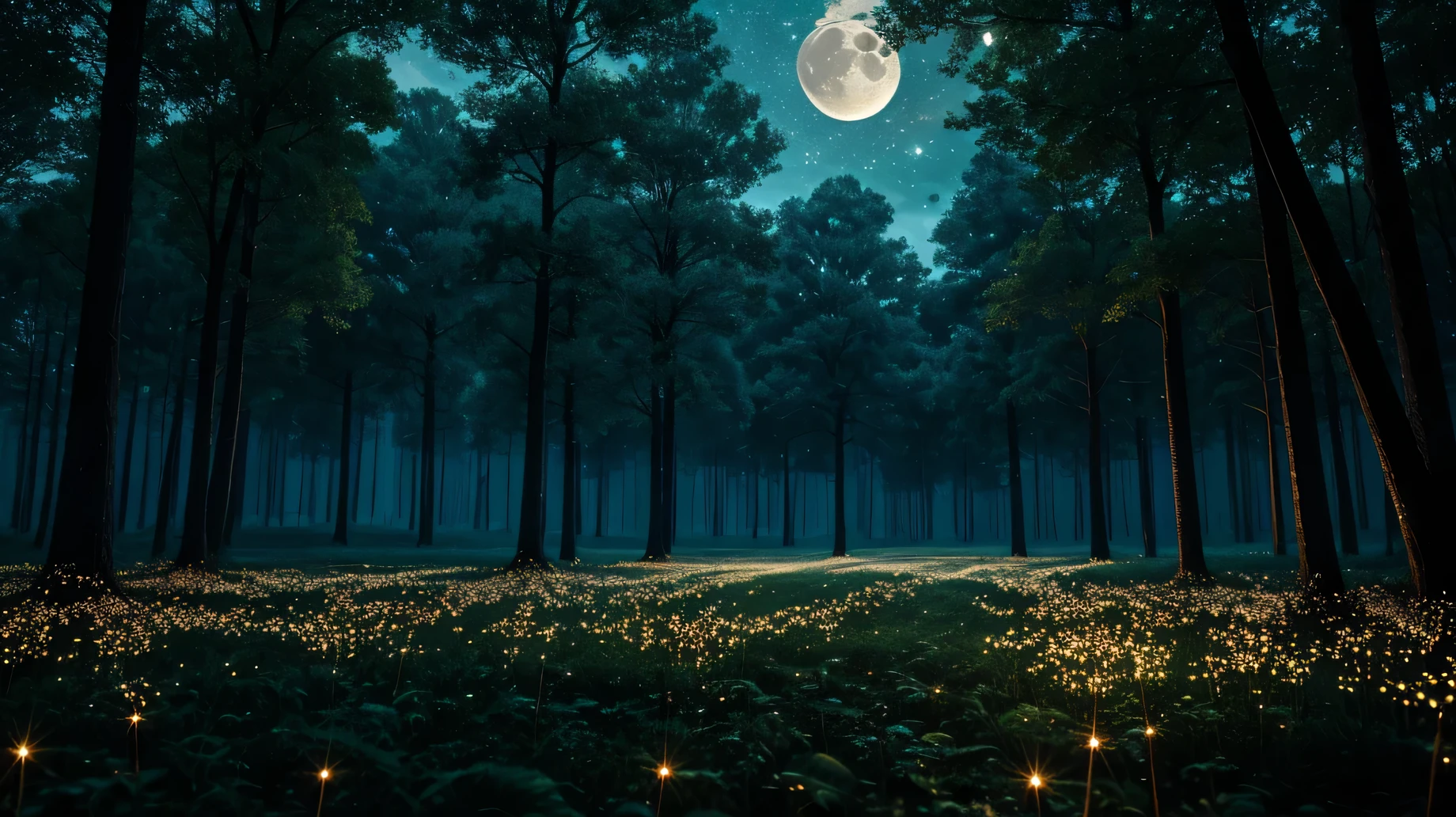 night, moon, A forest where fireflies live, Unusual flowers, pouring light, Light pours down from the sky, Gentle Light, Surrealism, Hyperrealism, cinematic lighting, sparkle, multiple views, UHD, masterpiece, highres