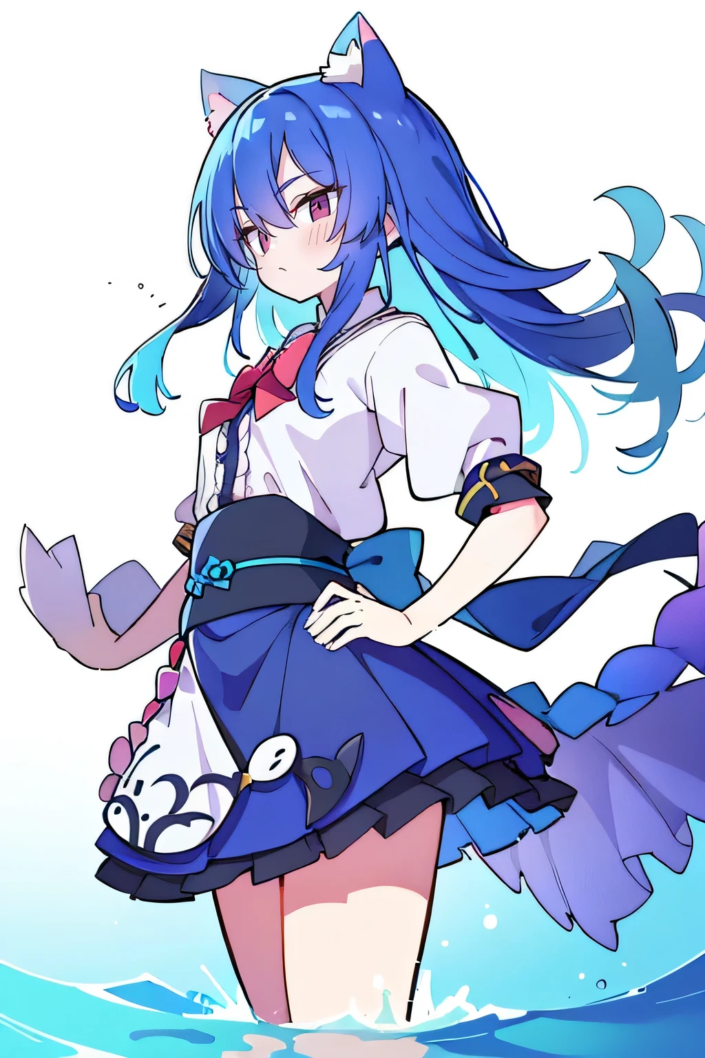 (masterpiece),best quality, expressive eyes, perfect face, 1girl,
 Put your hands on your waist,fair, Gorgeous,Japanese cartoons,girl,lola,Hina Angel, blue hair, blue haired, floating clothes,Grab your waist, Grab your waist, hands on hips , hands on hips,sit, sit on ground, Legs on the ground, flat chest,cat ears,dark blue eyes,