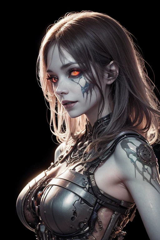 (BioPunk Monster Girl:1.6), (Glowing scarlet eyes:1.4), (Translucent pale skin:1.8), No humans, Beautiful eyes with fine symmetry, bio body, (fluttered detailed color splashes:1.4), (Intricate details:1.2), (Highly detailed face and eyes:1.2), (Super detailed skin quality feeling:1.4), (Moist skin:1.4), No makeup, (dark circles:1.1), long canines, midnight aura, Creation of fantasy, (Fractal Art:0.8), (photos realistic: 1.4), Thrilling color schemes, seductively smiling, posing for a photo, side view
