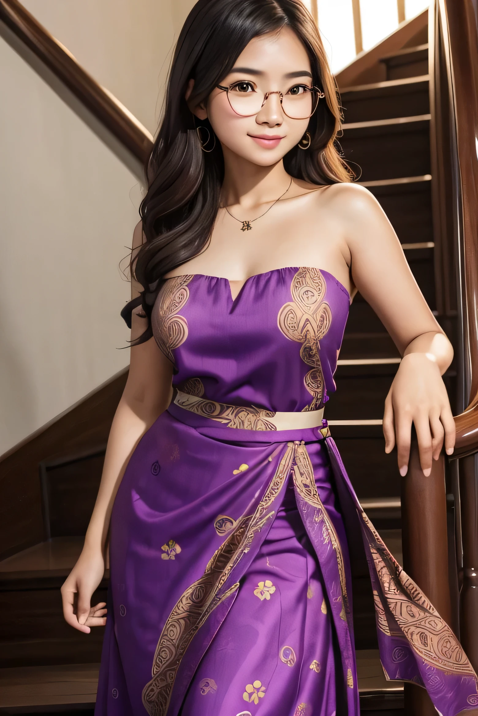 Detailed face of half body photo. 25 year old Indonesian girl with a sweet  face,  big  round face and long brown wavy hair, round glasses, wearing a purple sleeveless strapless party dress with lots of batik patterns on the dress and long skirt, the photo position is down the luxurious stairs with her hand holding the skirt 

