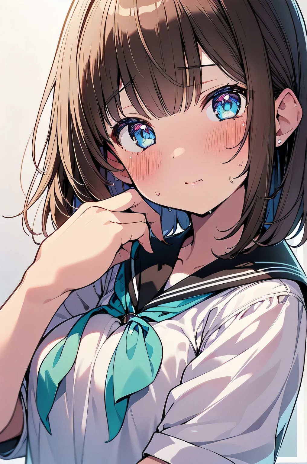 (best quality), (Super detailed), (Best Illustration), (1girl), look at viewer, (white serafuku:1.3), curvy body, blush, {brown hair, (bob cut:1.2), curly hair, hairs between eyes}, {(detailed eyes), le(in the eyes), blue eyes}, sweat,