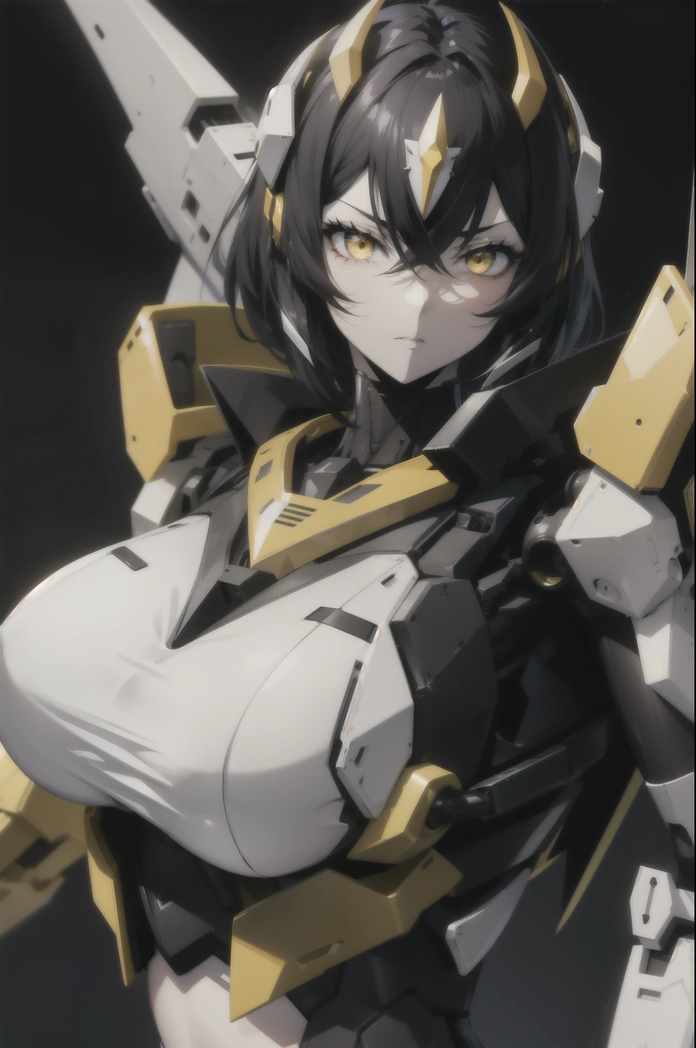 (muscular) girl huge breasts black hair yellow eyes pale skin sad mecha musume