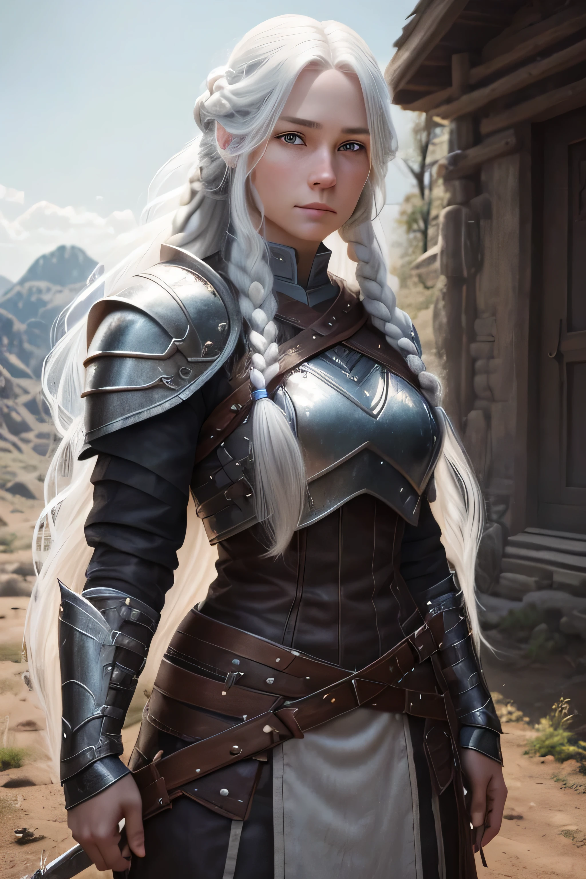 1 mid 30 female ranger, long white hair, braided hair, grey eyes, eyes have the same color, average face, wearing leather armor, absurdres, high res, ultrasharp, 8K, masterpieceThe image should be of absurd resolution and high detail. It should be ultra-sharp and available in 8K resolution, representing a masterpiece in image quality.
