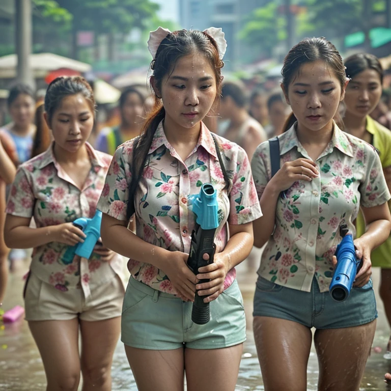hamster,Two-legged standing,Wear a floral shirt,holding a water gun,among people,in the city,who are playing water Songkran,Songkran Festival,close range,Highly detailed