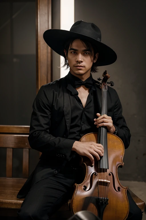 hombre animado estilo manga japones alto y musculoso con un traje negro que los resalte camiseta negra con un pantalon negro elegante, with a violin resting in his left hand, que no se vea su rostro que este oculto bajo un sombrero negro, en un angulo en el que este alejado. que este sentado en una banca de un abismo y al fondo se vea una ciudad con miles de puntos que representan las casas, que la noche sea oscura y algo siniestra.