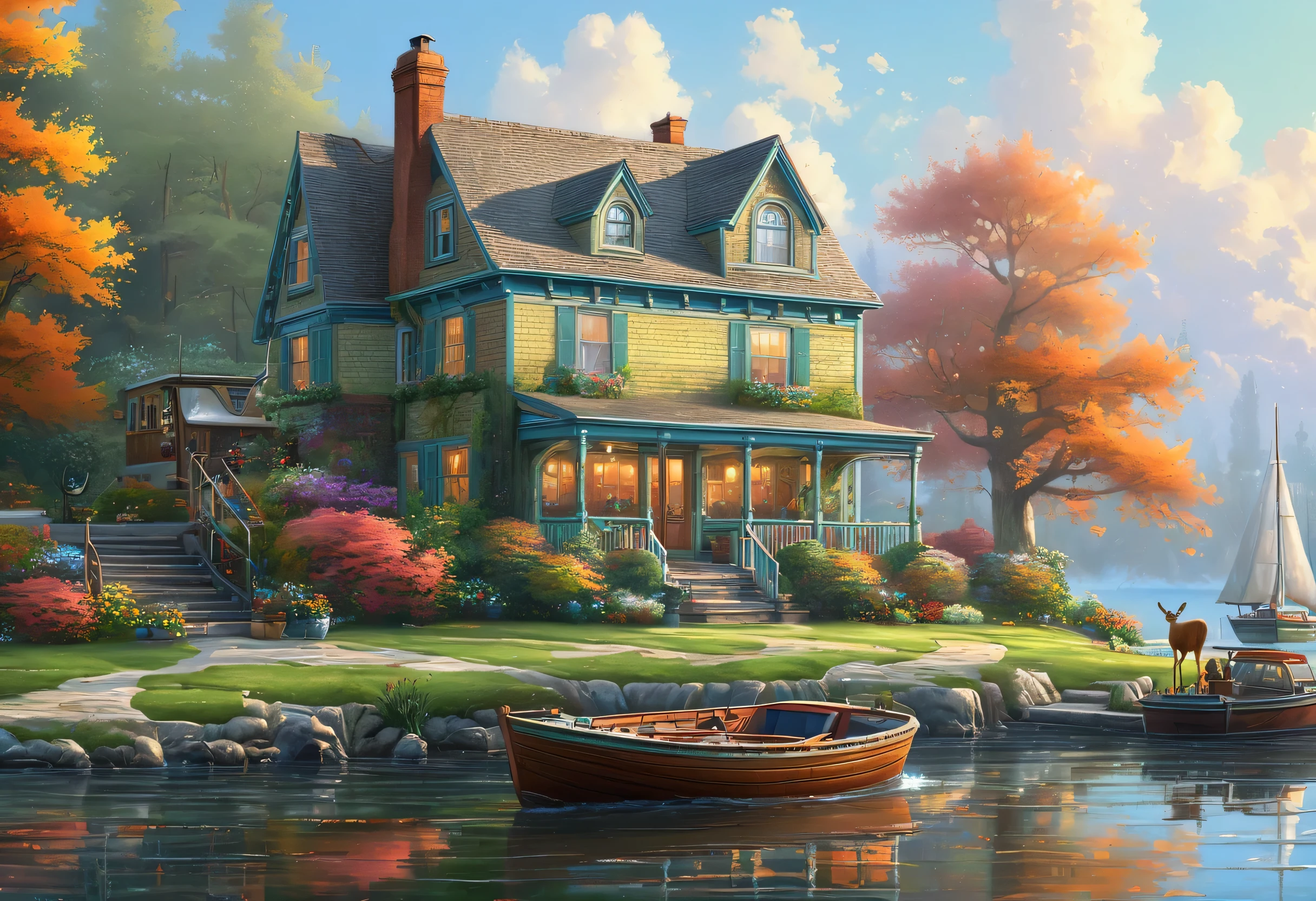 painting of a house with a boat and a deer in front of it, amazing wallpaper, house background, detailed painting 4 k, hd wallpaper, 4k highly detailed digital art, beautiful artist rendering, detailed hd, cozy home background, 4 k matte thomas kinkade, highly detailed illustration, 4 k hd wallpaper very detailed, beautiful detailed scene, 4k detailed digital art