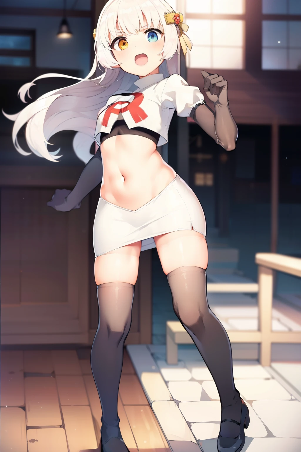 ((extreme detail)),(ultra-detailed),(painting), extremely detailed CG unity 8k wallpaper,best quality,sakurako, halo, looking at viewer, team rocket,team rocket uniform, red letter R, white skirt,white crop top,black thigh-highs,black elbow gloves,