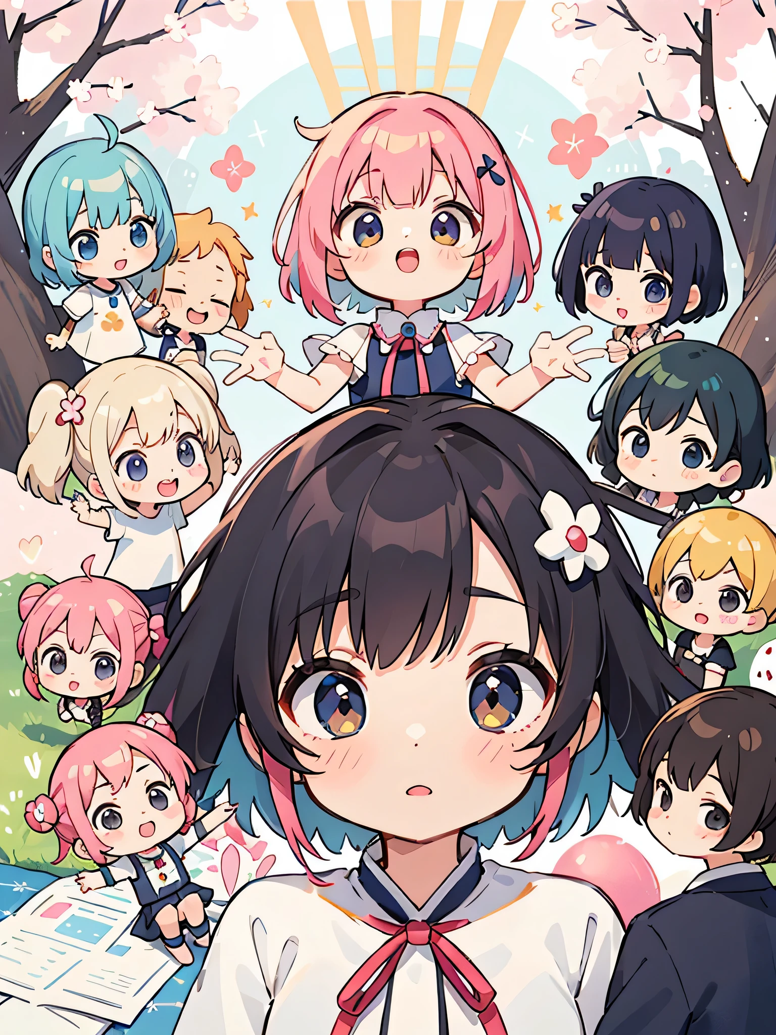 Momoko Sakura style, Kawaii Design, (((10 people)))、most beautiful girl ever、Chibi, Colorful bob hair、((Lots of friends))、children's room
