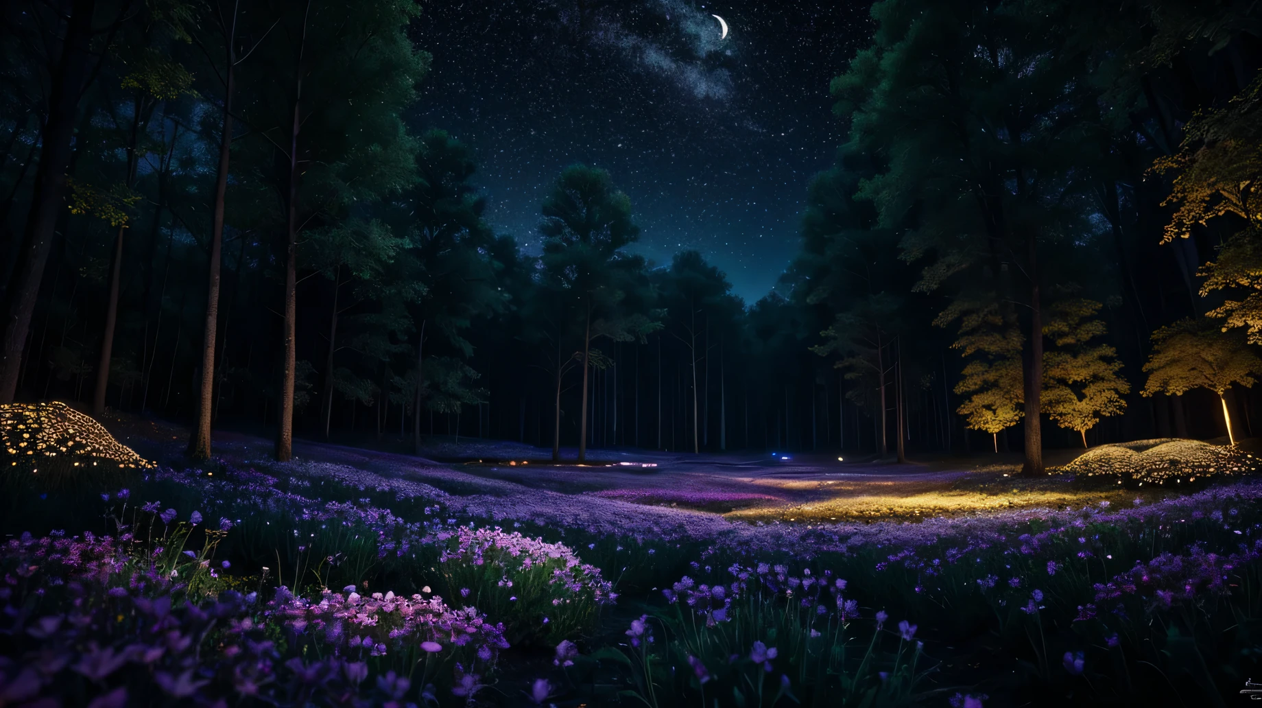 night, moon, A forest where fireflies live, Unusual flowers, Lots of fireflies, flower garden, pouring light, Light pours down from the sky, Gentle Light, Surrealism, Hyperrealism, cinematic lighting, sparkle, multiple views, UHD, masterpiece, highest