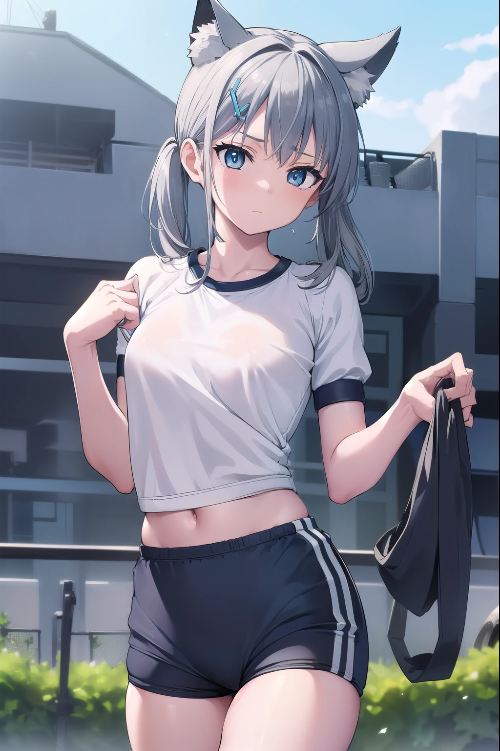 bluearchiveShiroko, Shiroko, animal ears, blue eyes, gray hair, hair ornaments, hairpin, Hello, medium hair, wolf ears, break (((((navyblue bloomer)))))‚(((((white shirts)))))‚(((((gym clothes))))) break looking at viewer, break indoors, classroom, break (masterpiece:1.2), highest quality, High resolution, unity 8k wallpaper, (figure:0.8), (detailed and beautiful eyes:1.6), highly detailed face, perfect lighting, Very detailed CG, (perfect hands, perfect anatomy), (((Ride a mountain bike))),((Cycling))