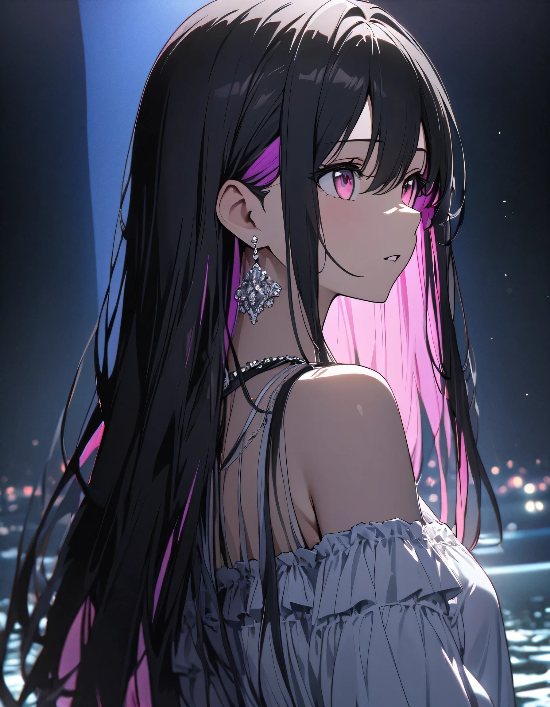 8k wallpaper, masterpiece, movie theater lighting, highest quality, figure, elevation angle, ((color: 1.1)), ((color inner hair: 1.4)), 1 girl, One, long hair, water, pink eyes, black glasses, necklace, parted lips, white necklace, thin hair, black hair, bang, from ~ side, ~ side, Upper body, simple background, Gray color background, bare shoulders, portrait, I look at the audience, white dress, hair between eyes, White color background, earrings.