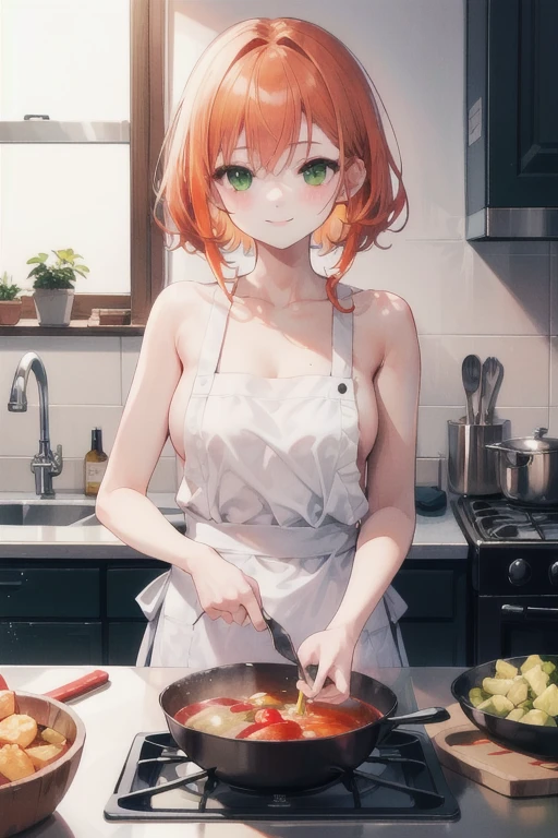 gonzarez, masterpiece, , 1girl, solo, wear kitchen apron only, kitchen, cooking, light, smile, naked, green eyes, orange hair 